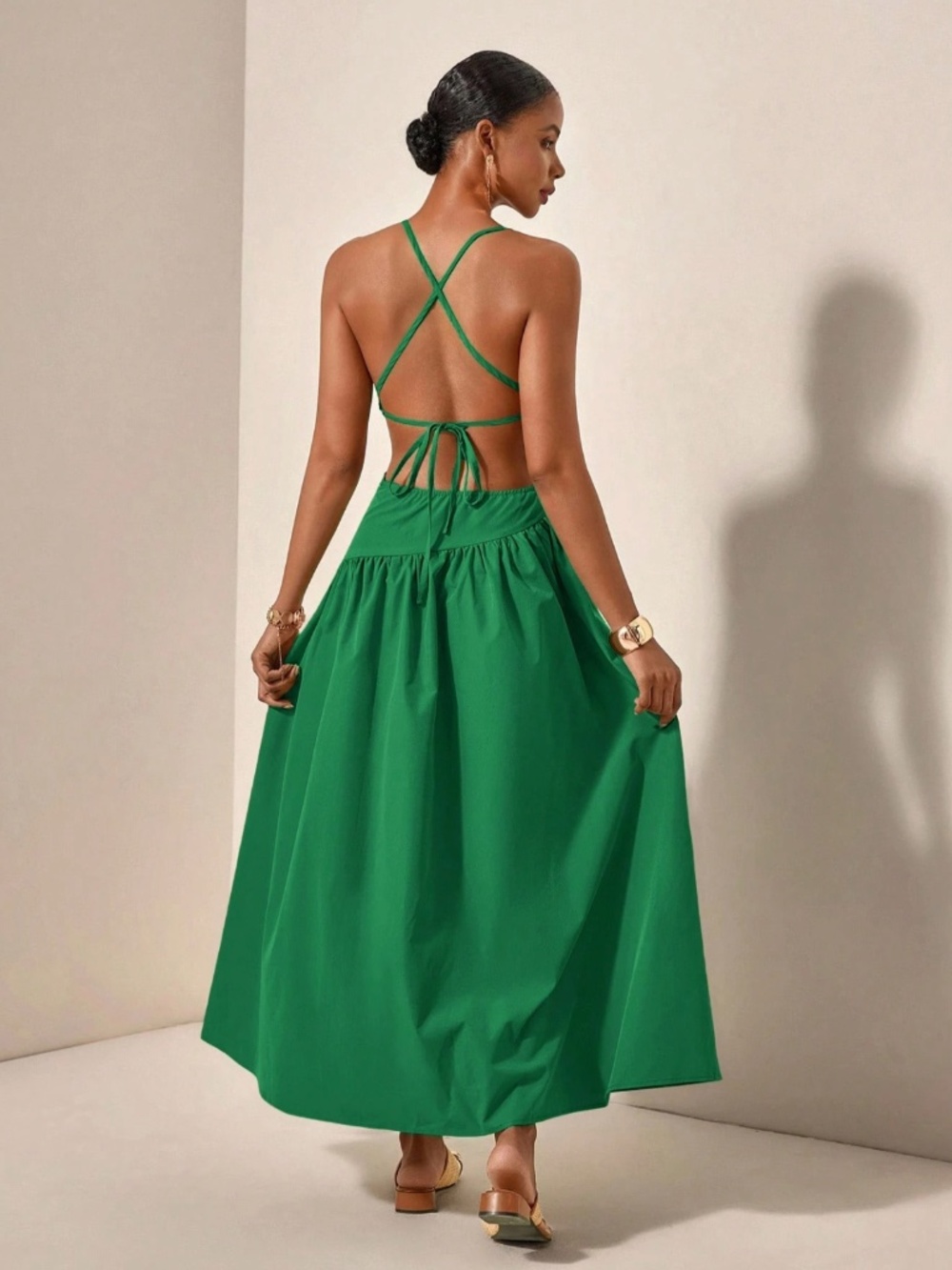 Asymmetrical Green Dress Cut Out Ruched Maxi Lace Up Back - Picture 2 of 8